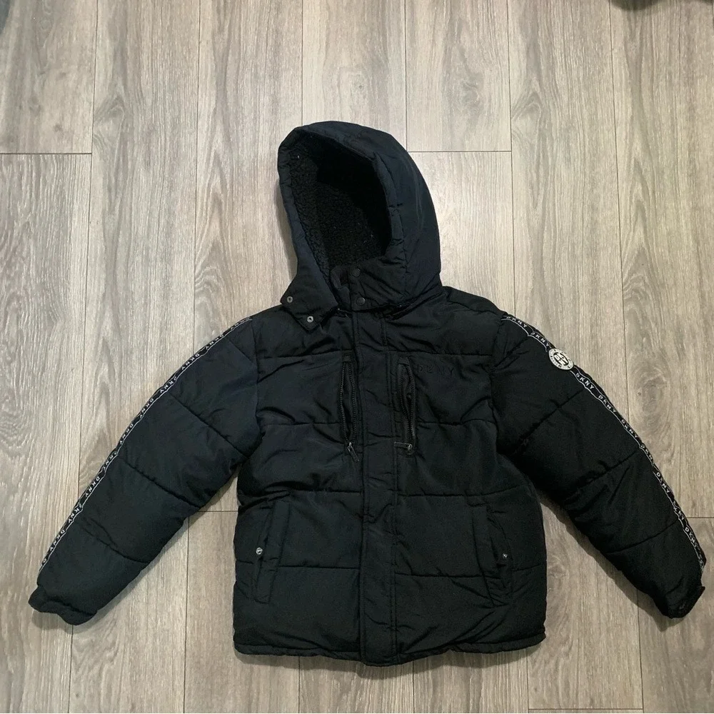 DKNY Boys Black Puffer Jacket L 14/16 Sherpa Lined Hood Logo Tape Winter Coat